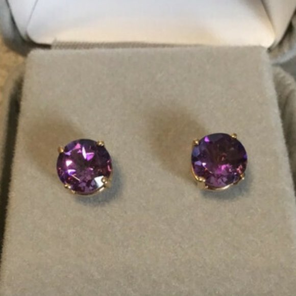 7mm Round Stud Amethyst Earrings 14K Prong Set NEW - Picture 3 of 10